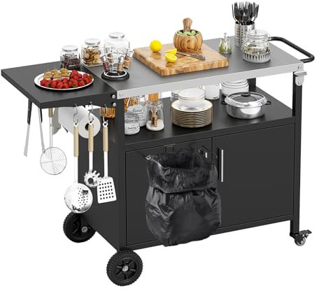 GOPLUS Grillwagen Outdoor, 3-stöckiger Servierwagen mit klappbarer Arbeitsfläche, Papiertuchhalter, 4 Räder und 6 Haken, mobiler Campingtisch mit offenem Regal und Schrank, für Picknicks und Partys