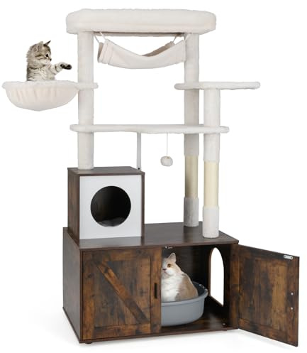 COSTWAY Cat Tree with Litter Box Enclosure, 153cm Tall Cats Tower with Sisal Scratching Posts, Hammock, Dangling Ball, Wooden Kitty Condo Hidden Washroom