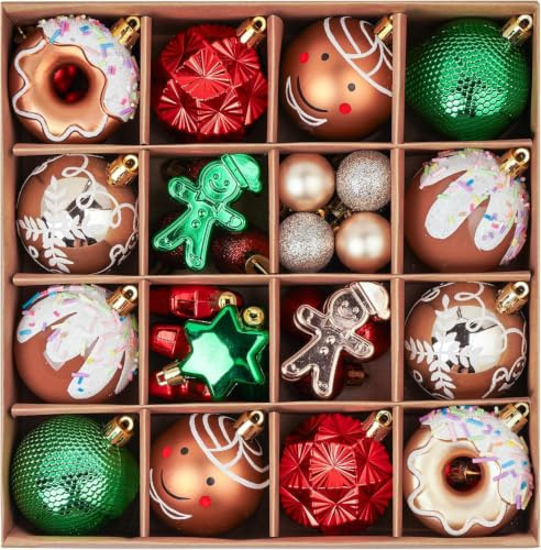 Christmas Tree Decorations - 40 ct Red Green Gold Christmas Baubles Assorted Ornaments with Gingerbread Man, Doughnut Designs - Shatterproof Xmas Tree Decorations