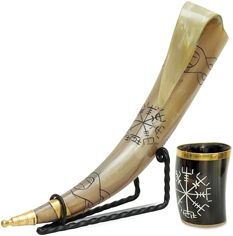 Juego de 2 cuernos vikingos para beber con soporte y bolsa de regalo, tazas de cuerno de buey hechas a mano con runa Vegvisir grabada, jarras de Mead & Ale, juego de regalo medieval inspirado en la