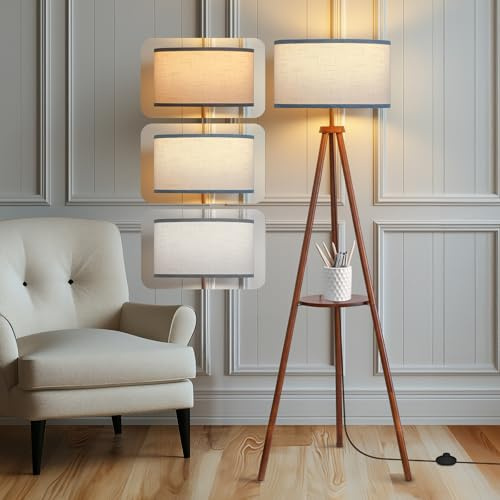 EOEYYOYB Stehlampe Holz mit Regal, 3 Farbtemperatur, Tripod stehlampe wohnzimmer mit Beige Lampenschirm für deko wohnzimmer Schlafzimmer Büro