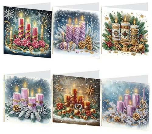 ACAREY Diamond Painting Weihnachten Karten, 6 Stück Diamant Painting Weihnachtskarte Winter Mit Umschlag Set, DIY Kerze Diamant Malerei Grußkarten, Weihnachtskarten Weihnachten Basteln Für Kinder
