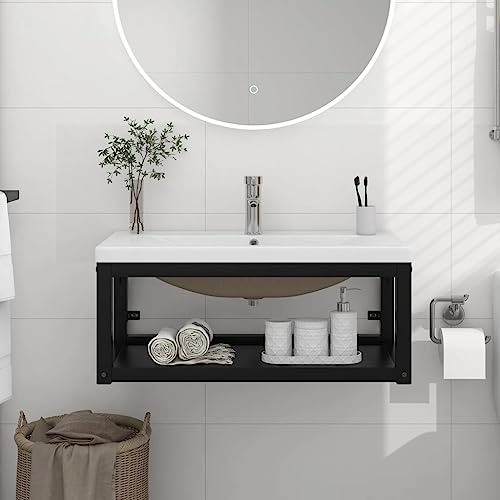 Struttura Lavabo a Parete Moderna con Lavabo Integrato in Ceramica, Colore Nero, Design Elegante per Bagno, Mobile Sospeso Ferro Verniciato Polvere, Facile