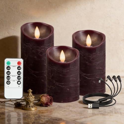 RanBluu 3er Set LED Kerzen mit Timer, elektrische LED Säulenkerzen | flackernde Echtwachs betriebene Kerzen Wiederaufladbar für Camping, Hochzeiten, Home Deco (Rot, 10cm&12,5cm&15 cm Höhe)