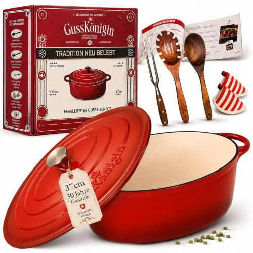 GUSSKOENIGIN Cacerola de hierro fundido de 37 cm (XXL), olla de hierro fundido y cazo con tapa/cocotte – Cacerola con tapa apta para horno de inducción y horno, incluye accesorios