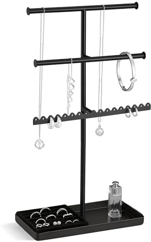 Lolalet 3-lagers metallsmyckesstativ med sammetshylla – svart | Flerstegs-smyckeshållare i metall för halsband, örhängen, armband och ringar