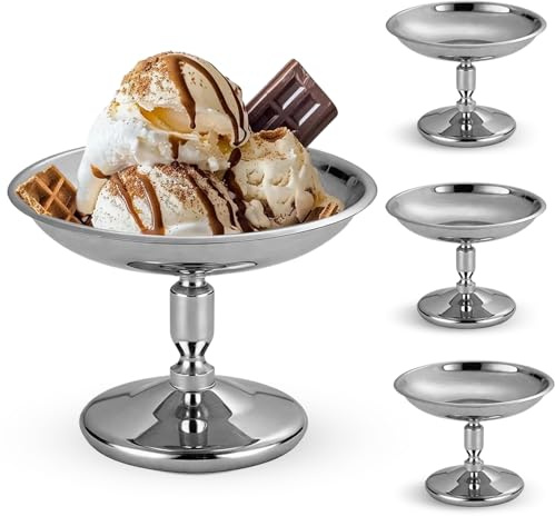4 stycken glassbägare i rostfritt stål 70 ml, dessertskålar med fot (Ø 10 cm) för glass, yoghurt, fruktsallad och pudding – eleganta sundae-skålar idealiska för bröllop, fest, café och restaurang (hög