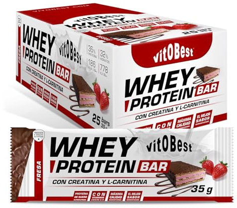 VITOBEST | Barritas Whey Protein Bar | Contribuye a aumentar y conservar la masa muscular | Relleno de mousse aromatizado y cobertura de chocolate con leche | Sabor Fresa - 25 barritas x (35 g)