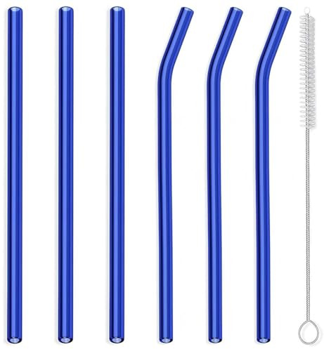 Cannucce riutilizzabili in vetro, confezione da 6 – 3 dritte e 3 piegate con spazzola per la pulizia, cannucce ecologiche per frullati, succhi di frutta, acqua, bevande calde o fredde (blu)