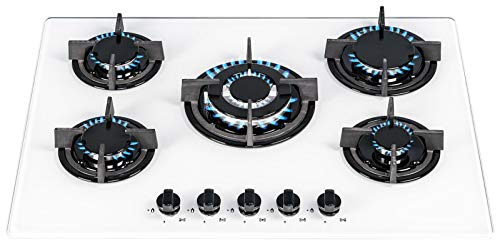 SIA GHG703WH 70cm White Glass 5 Burner Gas Hob With Iron Pan Stands & Wok Burner