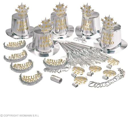 W WIDMANN MILANO Party Fashion - Party-Set Feliz Ano Nuevo, Silber, Set aus 5 Partyhüten, 5 Kronen, 5 Partytrompeten, 5 Tröten und 1 Pack Luftschlangen
