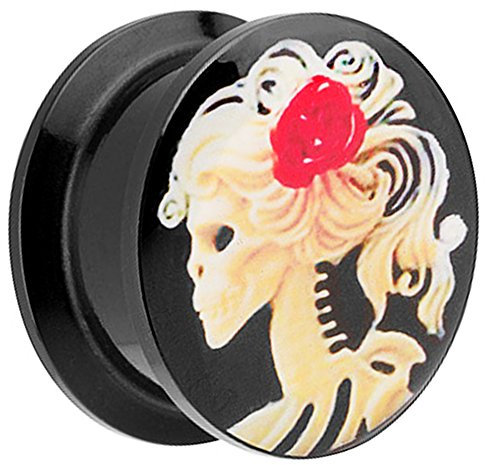 Piersando Ohr Plug Piercing Kunststoff Motiv Comic Picture Flesh Tunnel Ohrplug Schwarz mit Skeleton Mädchen Rose 8mm