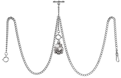 TREEWETO Men's Double Albert Chain Pocket Watch Curb Link Key Chain 3 Hooks with Antique Shield Silver Pendant Design Charm Fob T Bar