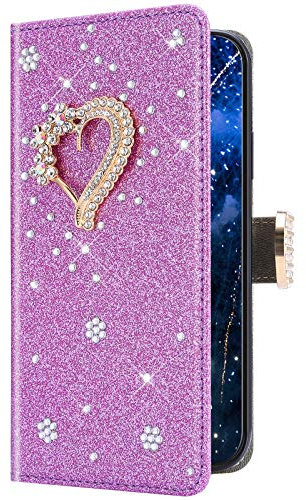 Uposao Kompatibel mit Samsung Galaxy S10e Hülle Leder Glänzend Glitzer Strass Diamant Bling Handyhülle Schutzhülle Flip Wallet Case Leder Tasche Hülle Klapphülle Magnet,Lila