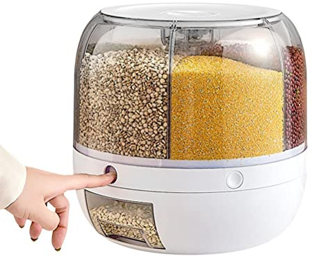 Asarly 6-Grid Rotating Food Dispenser, torr matförvaringsbehållare, One-Click Rice Output, for Pantry Organization and Storage, Plastbehållare med slitstarka Lids, Ideal for Cereal, Flour & Sugar