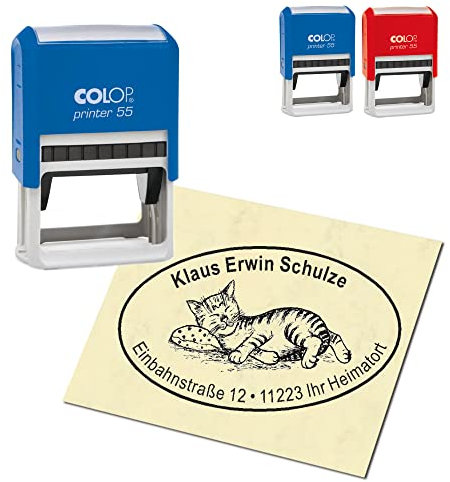 Adressstempel personalisiert Stempel - niedliche Katze auf Kissen - oval 59 x 39 mm Automatikstempel als Firmenstempel Namensstempel Bürostempel