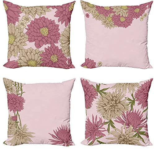 ABAKUHAUS Blumig Dekokissen Kissenbezug 4er Pack, Chrysantheme und Dahlie Modern Accent Doppelseitiger Digitaldruck, 50 cm x 50 cm, Dunkles Braun Getrocknetes Rosenrot