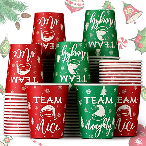 60 Pieces Christmas Coffee Cups 9 oz, Team Naughty or Nice Paper Cups Decoration, Hot Cocoa Drinkware Party, Disposable Xmas Cups for Party Supplies