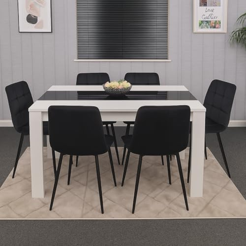 Dining Table and 6 Black Fabric Chairs - Modern Dining Room Furniture Set | KOSY KOALA Dining Table and Chairs Set, White Table with Black Glass Top & Fabric Chairs, Dining Furniture - 140 x 80 x 75 cm