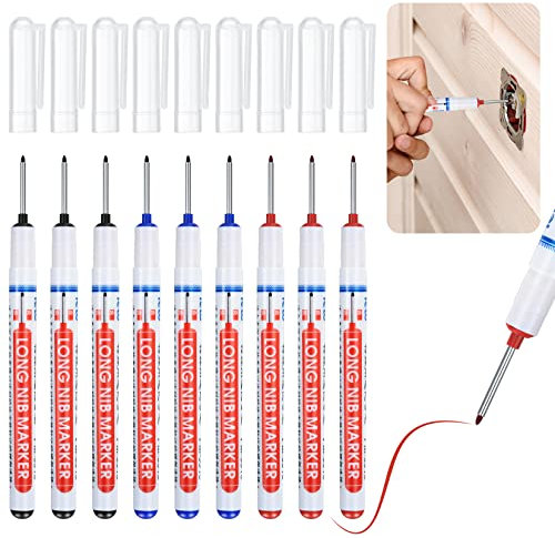 9 Pièces Marqueurs Trou Profond, Stylo Marqueur Charpentier, Marqueur Indélébile à Pointe Fine de 20 mm, Crayon de Charpentier pour Bois Mur Métal Béton Carrelage Plastique - Noir/Bleu/Rouge
