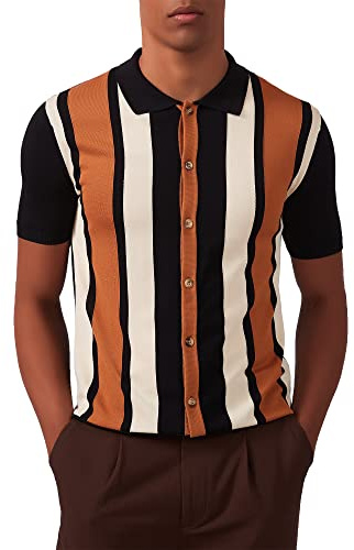 Kallspin Polo Tricot Vintage Homme à Manches Courtes à Rayures Boutonné pour Le Golf(Noir XX-Large)