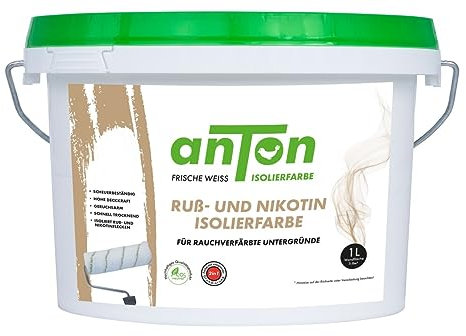 Anton Ruß- und Nikotin Isolierfarbe 1 Liter | Geruchsbindend | deckt beim ersten Anstrich | Spezialfarbe zum Abdecken von Ruß-und Nikotinflecken | 8-10m² | auch für Kachel und Kaminöfen