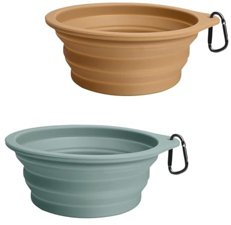 PetBonus Hundenäpfe Faltbar Hundenapf, 2 Stück Silikon Wassernapf für Hunde Unterwegs, Tragbar Auslaufsichere Reisenäpfe mit Karabiner für Hunde Katzen für Wasser und Futter (Türkis, Hellbraun)