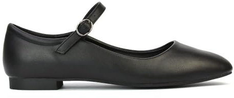 ESSEX GLAM Womens Mary Jane Ballet Shoes Ladies Flats Buckle Strap Square Toe Black Synthetic Leather Dolly Pumps Size 7