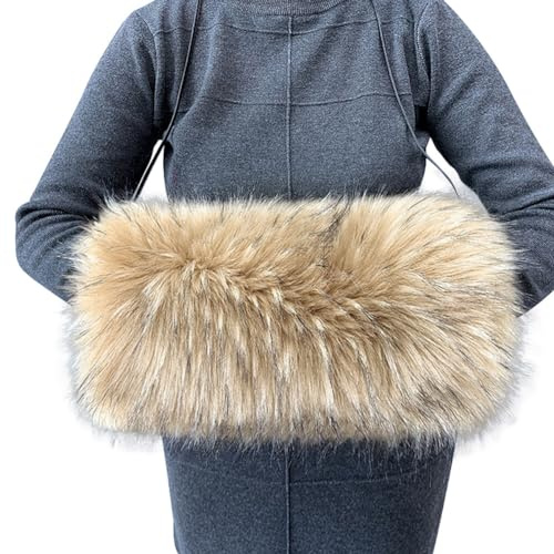 Surakey Faux Fur Hand Muffs Women Winter Warmer Fuzzy Pouch Furry Plush Arms Warmer Thickened Muffler Wedding Girl Kids Elegant Luxury Chic Fashion Party Festival Activity (Khaki)