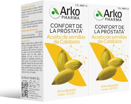 Arkopharma Arkocápsulas Semillas de Aceite de Calabaza, 100 Cápsulas Pack x2, Confort y Función Normal de la Próstata, la Vejiga y del Flujo Urinario, Complemento Alimenticio