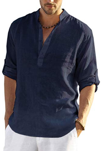 COOFANDY Mens Shirt Long Sleeve Henley Shirt Linen Shirts Cotton Casual Regular Fit Summer Shirts
