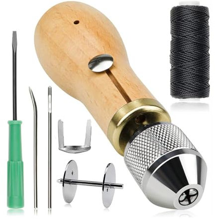Vueinrg Leder Nähset Nähahle + Gebogene und Konische Nadeln + Gewachster Faden + Eingebaute Spule + Schraubendreher Ledernähset Leder Nähen Werkzeug Set