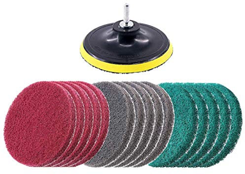 HCLZOE 16Pcs 5Inch 3 Different Color Scrubbing Pads Drill Powered Brush Tile Scrubber Scouring Pads Cleaning Kit,Abrasive Buffing Pads Replacement 1 Pcs Hook Attachment for House Cleaning