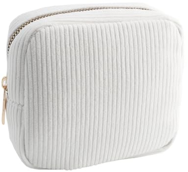 Kosmetiktasche Klein für Handtasche mit Metall Reißverschluss, Make Up Tasche Klein, Mini Schminktasche Damen, Kulturtasche Damen Travel Essentials, Tasche Cord Stoff Weiß für Kulturbeutel