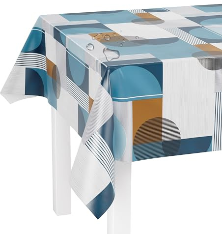 LILENO HOME Tovaglia lavabile in tessuto cerato 160x140cm (bordo tagliato) con motivo cerchi e quadretti blu - Tovaglia in tessuto cerato idrorepellente ideale come tovaglia o runner per set da