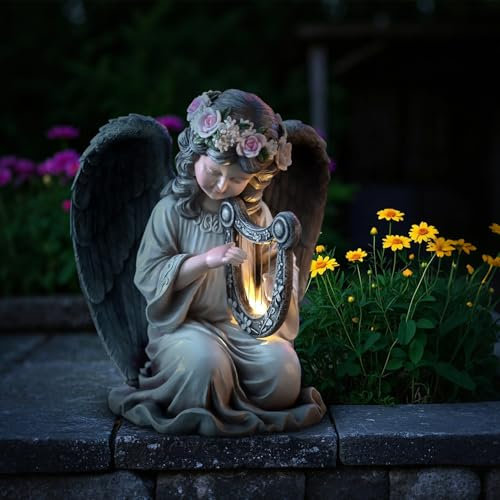 Tuzsocr Statue da giardino a forma di angelo custode con arpa LED, resistente alle intemperie, decorazione per cimitero, elegante decorazione per esterni in regali, fiato, cortile, terrazza,