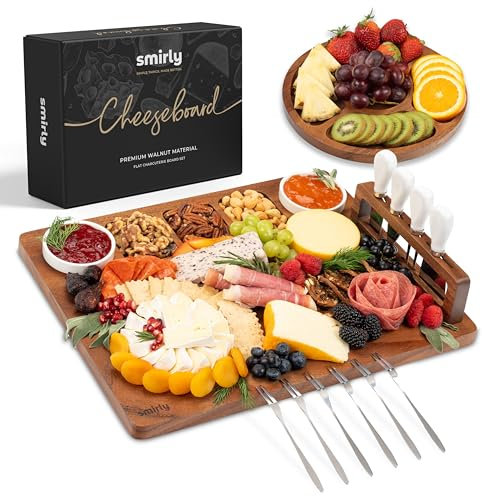 SMIRLY Charcuterie Boards Set, großes Käsebrett-Set, natürliches Walnussholz, Charcuterie-Tablett mit Zubehör, Einweihungsgeschenk, neues Zuhause, Hochzeits- und Brautparty-Geschenke für Frauen, Paare