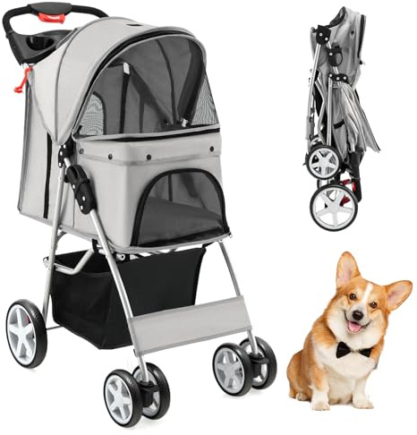 GYMAX Folding Pet Stroller, Portable Pet Travel Pushchair with 4 Wheels, Safety Belt, Mesh Windows and Cup Holder, Pets Travel Carrier Carriage for Dogs and Cats (Gray)