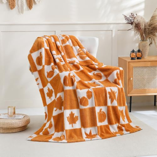 SOCHOW Fall Decor Jacquard Throw Blanket, Fuzzy Soft Warm Pumpkin Maple Leaves Plaid Autumn Checkered Blanket for Couch, Sofa and Bed, 127cm x 150cm, Orange/White