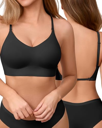 SHARICCA Reggiseno con schiena scoperta da donna, scollo a V, senza cuciture, senza ferretto, reggiseno a schiena bassa, spalline Multiway, morbido traspirante, nero-1p01, S
