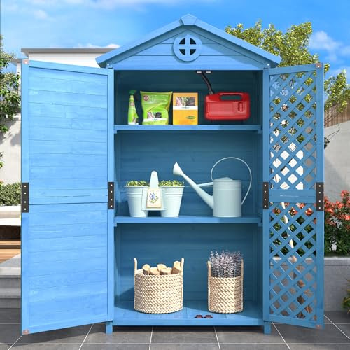 Merax Gerätehaus Geräteschuppen Geräteschrank Holz Wetterfest Gartenhaus Gartenschrank, BxTxH:90 x 56.5 x 175.3 cm, mit 2 Türen, 2 Regale, 3 Werkzeugfächer, Satteldach, Blau