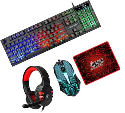 Yardenfun 1 Ensemble Set de Clavier Souris Casque Tapis de Souris USB Quatre pour Bureau Gaming Conception Ergonomique Facile à Utiliser LED