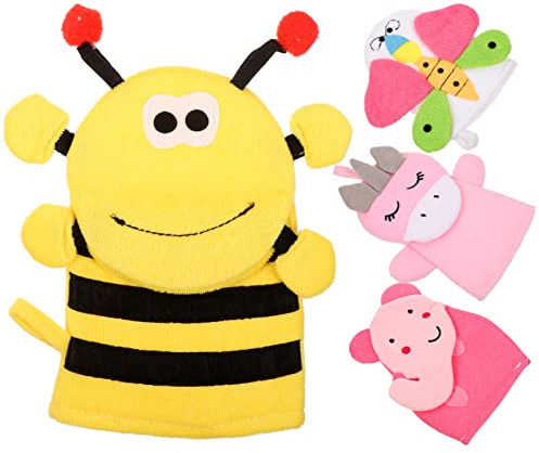 Kartoon Waschhandschuhe für Kinder, 4 Stück-pack aus Verbundbaumwolle | Badehandschuhe mit Tiermotiven, für Gesicht und Körper, für Dusche und Bad Zufälliger Stil