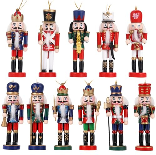 Lot de 11 casse-noisette (12 cm) - Figurines de Noël traditionnelles en bois - Peintes à la main - Mini décoration pour arbre, table, cheminée, dessus de table - Décorations de Noël d'intérieur