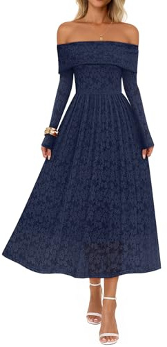 MEROKEETY Women's 2025 Fall Long Sleeve Floral Midi Dress Off Shoulder Wedding Guest Formal Long Flowy Dresses, DarkBlue, Large