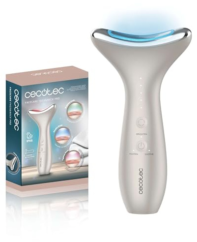 Cecotec Tonificador Facial Eléctrico FaceCare Face&Neck Pro. Cara y cuello, Forma Curvada y Cabezal de Aluminio, 3 Modos, Luz LED Roja, Azul y Verde, 5 Niveles de EMS, Vibración, Calor, IPX6