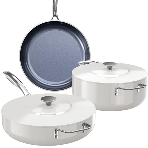 Nuwave Essential Series 5PC Ceramic Cookware Set PFAS-Free, G11 Duralon Blue Coating, Pots and Pans Set Non Stick, Diamond Scratch-Resistant,Stay-Cool Handle, Metal Lid,Induction Ready,Dishwasher Safe