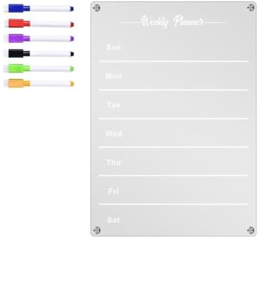 FACAIIO Juego de calendario semanal de acrílico transparente con 6 marcadores borrables, 30 x 42 cm, para pizarra de notas para cocina y organización del hogar