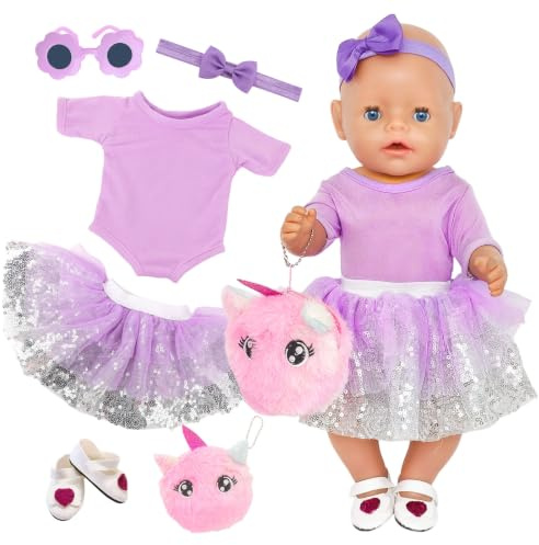 Puppenkleidung 35–43 cm Mode Outfit Set, Lila Oberteil und Glitzerrock mit Herzschuhen, Blumen Sonnenbrille, Geldbörse und Haarband, Zubehör für 14–17 Zoll Babypuppen(Ohne Puppe)