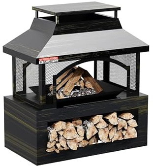Eldstad FPT02 i Metall med Regnskydd, Portabel Eldkorg för Trädgård och Terrass, Modernt Eldfat i Robust Stål för Utomhusbruk, 94 x 82 x 45 cm